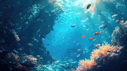 Obraz premium Serene underwater scene with schools of fish swimming through coral reefs under crystal-clear water.
