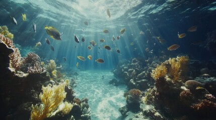 Fototapeta premium Serene underwater scene with schools of fish swimming through coral reefs under crystal-clear water.
