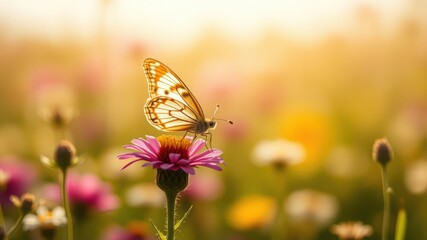 Obraz premium A delicate butterfly rests on a vibrant pink flower, bathed in warm sunlight, amidst a field of colorful blooms.