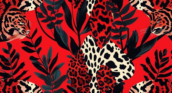 Animal print patterns in jagged lines featuring rich red and black hues for a bold wild look in red illustration background