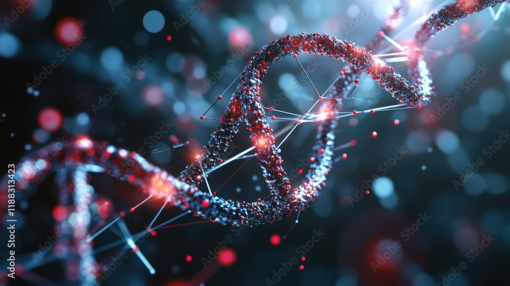 Aufkleber Abstract Visualization of DNA Helix Structure with Colorful Particles, Connecting Nodes, and Blurred Background for Scientific and Educational Use in Biotechnology
