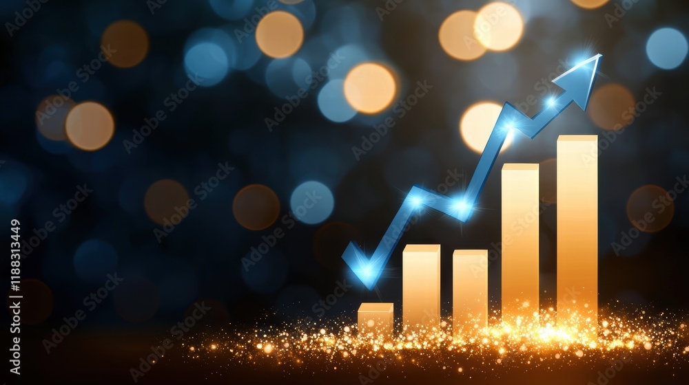 Poster digital artwork featuring glowing blue arrows and dynamic growth chart in abstract background
