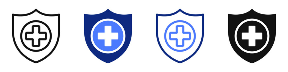 Obraz premium Vector icon or logo of shield with medicine sign related to medical insurance and health protection. Symbol for website or app ui, logo design, illustration