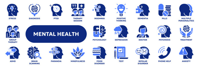 Set of vector solid icons related to mental health therapy, psychology, depression and anxiety. Symbols for website or app ui, logo design, illustration