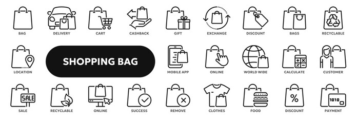 Set of vector line icons related shopping bag and package, sale and discount, online and retail commerce. Symbols for website or app ui, logo design, illustration