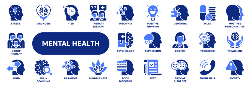 Set of vector solid icons related to mental health therapy, psychology, depression and anxiety. Symbols for website or app ui, logo design, illustration