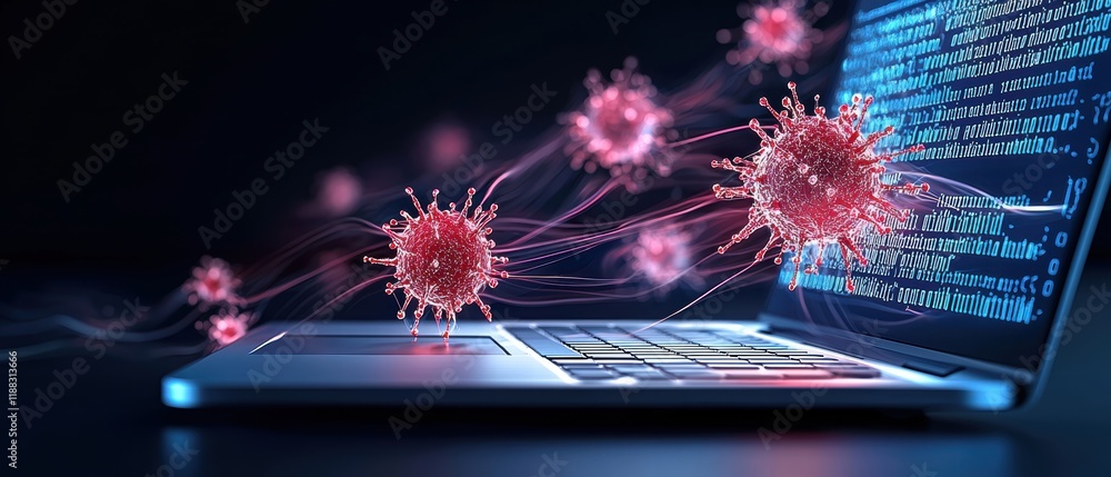Poster red alert symbol displayed on laptop screen warning of cyber threats and computer viruses