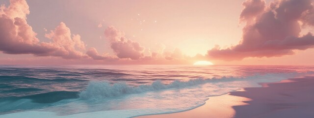 Fototapeta premium Serene Beach Sunset, gentle waves caress the shore under a soft pastel sky, creating a tranquil coastal atmosphere.
