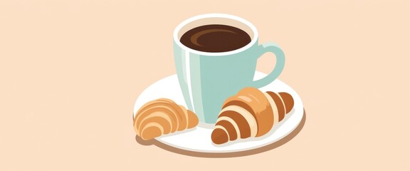 Delightful morning: coffee and croissants on white plate