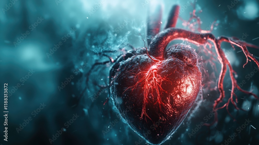 Poster stunningly illuminated heart illustration showcasing anatomy and blood flow in a dramatic abstract s