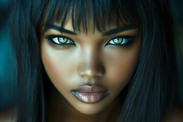 Fototapeta premium Gorgeous calm black girl - for ads, ad page and internet use. Commercial marketing creative design. Long trim - straight hair. Black model glamour. Black fashion model. Advertising concept.