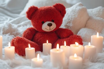 Vibrant red teddy bear surrounded by white candles, perfect for a warm, inviting holiday scene.