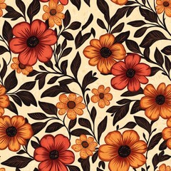 Colorful floral pattern with red and orange flowers on a light background.