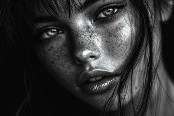 Fototapeta premium Beautiful girl in high contrast black and white portrait.