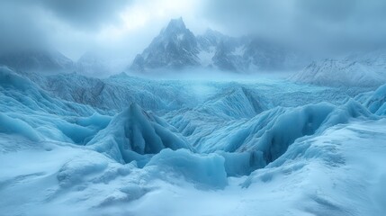 Fototapeta premium Icy glacier landscape with snowy mountains, blowing snow.