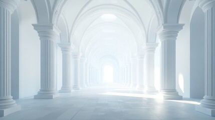 Long white hallway with columns and arched ceilings, bright light at end.