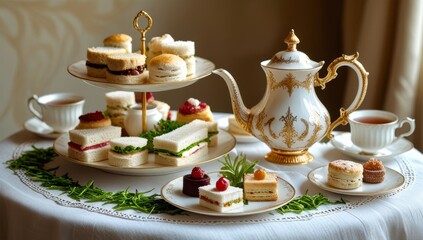 Fototapeta premium Elegant Afternoon Tea Set with Delicate Sandwiches and Golden Teapot