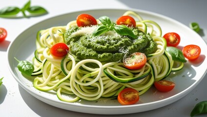 Zucchini noodles with vibrant pesto, fresh cherry tomatoes and parmesan cheese a healthy and delicious meal