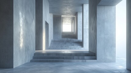 Abstract concrete architecture with stairs and light.