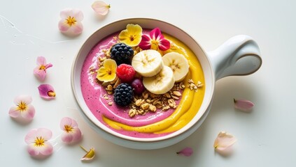 A vibrant berry and banana smoothie bowl adorned with edible flowers and crunchy granola on a bright white surface