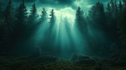 Obraz premium Light Beams Through Foggy Forest.