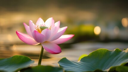 Obraz premium Pink lotus flower in pond at sunrise.