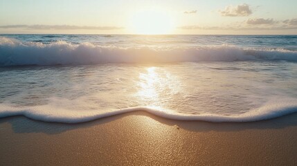 Sunset Over Gentle Ocean Waves on Sandy Beach