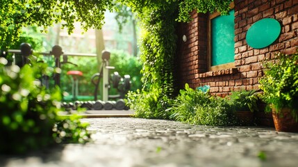 Obraz premium A brick building with a green chalkboard nestled within lush greenery, leading to an outdoor gym. Blurry background suggests a focus on the transition between work and leisure.
