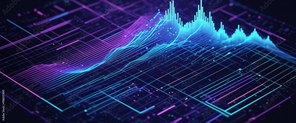 Poster futuristic digital data wave with neon colors and geometric grid patterns
