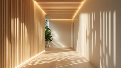 A serene hallway features wooden paneling, softly lit by warm lights. A decorative plant adds life, while shadows play against the minimalist design, creating a calming atmosphere.
