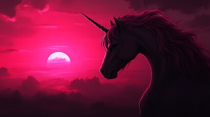 Fototapeta premium Dark Unicorn Silhouetted Against a Crimson Sunset Sky