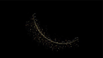 This illustration features a dynamic golden crescent-shaped trail of glittering particles on a black background, evoking a sense of elegance, motion, and celestial inspiration. The design conveys luxu