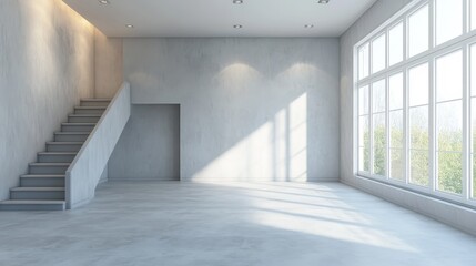 Modern empty room with stairs, large window, and concrete walls.
