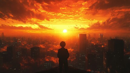 Fototapeta premium Anime character against a vibrant sunset cityscape, showcasing dynamic colors and an atmospheric urban environment.