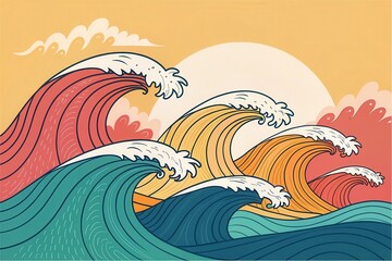 Colorful waves and sun in retro style ocean art print