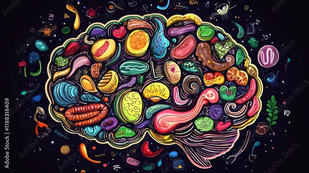 Poster a whimsical illustration of a brain with colorful icons representing different memories.