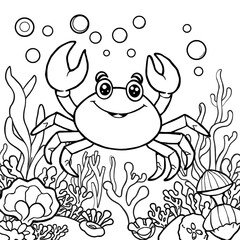 Cute Cartoon Crab Underwater Scene with Coral Reef and Seaweed Coloring Page