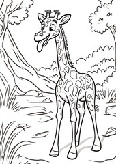 Playful Cartoon Giraffe in African Savanna Coloring Page Illustration
