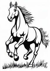 Obraz premium Majestic Black and White Horse Galloping in Field Artistic Line Art Illustration