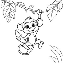Obraz premium Cute Cartoon Monkey Swinging on Vine with Banana Coloring Page