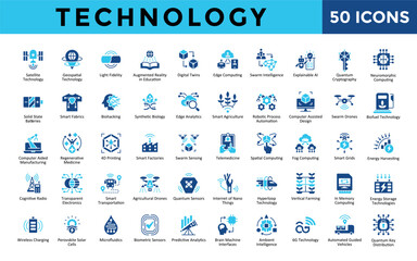 Technology icons set with satellite technology, geospatial technology, light fidelity, augmented reality in education, digital twins, edge computing, swarm intelligence icon. Simple flat vector 
