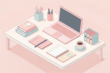 Naklejka premium Minimal pastel workspace with laptop, stationery, and coffee cup on desk