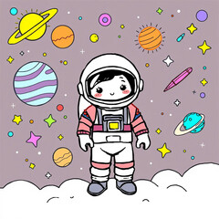 Cute Cartoon Astronaut in Space with Planets and Stars Coloring Page