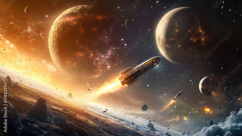 Wall mural futuristic space odyssey, vibrant rockets soaring through a starry expanse, colorful planets twinkli