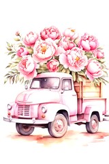A pastel pink truck overflowing with beautiful pink peonies, creating a whimsical and vibrant floral display against a clean white background