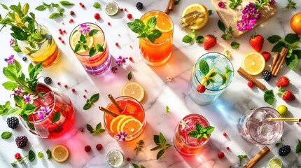 Obraz premium Refreshing assortment of colorful summer drinks with fruits and herbs on marble