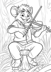 Adorable Mouse Musician Playing Violin in Lush Forest Setting Coloring Page Illustration
