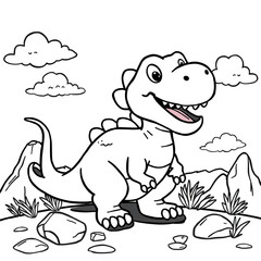 Fototapeta premium Cute Cartoon T-Rex Dinosaur in Prehistoric Landscape Coloring Book Art