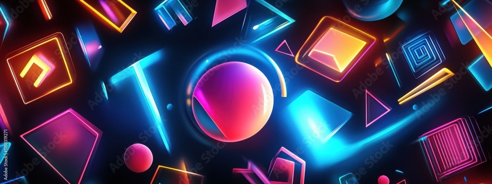 Poster futuristic geometric abstraction, glowing shapes and vivid colors, immersive visual experience, dyna