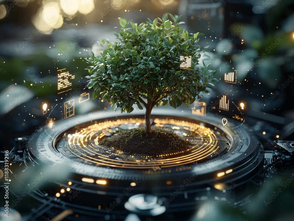 Poster ai-generated glowing csr icons surrounding a small tree in a nature setting emphasizing sustainabili